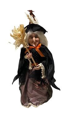 Halloween Witch wBroom & Glitter Spiders Tree Topper Home Decor Shelf Sitter